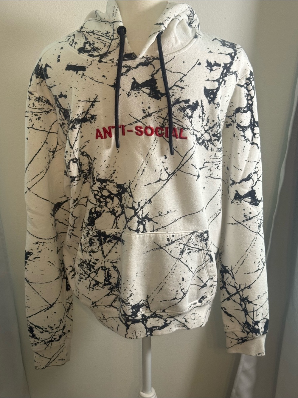 Anti Social Social Club White Pullover Hoodie with Black Splatter and Red Logo
